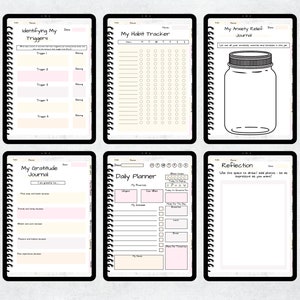 May include: A collection of digital planner pages with various layouts, including habit trackers, daily planners, and gratitude journals. Each page features a spiral binding and a minimalist design with soft pastel color accents.
