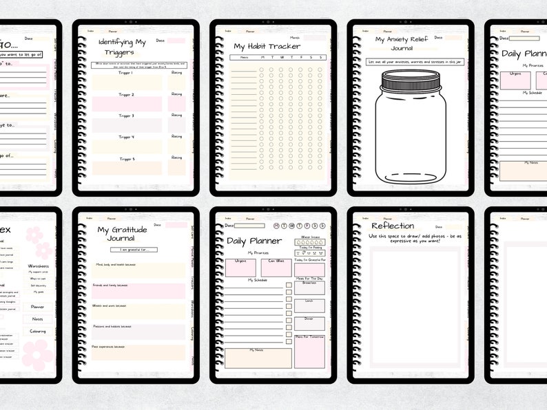 May include: A collection of digital planner pages with various layouts, including habit trackers, daily planners, and gratitude journals. Each page features a spiral binding and a minimalist design with soft pastel color accents.