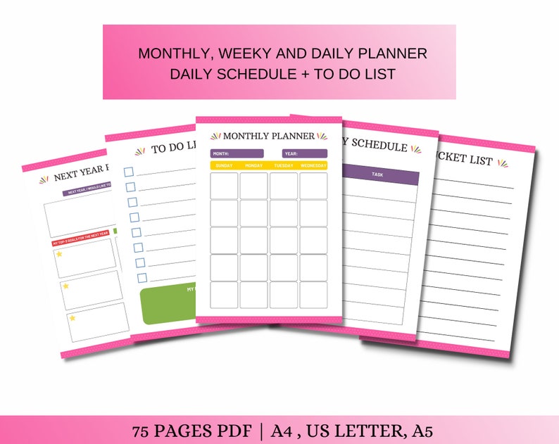 May include: A set of printable planner pages in pink, green, yellow, and purple. The pages include sections for monthly, weekly, and daily planning, as well as a to-do list and a bucket list. The text on the pages reads "Monthly, Weekly and Daily Planner, Daily Schedule + To Do List, Monthly Planner, To Do List, Weekly Schedule, Bucket List, Month, Year, Task".