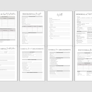 May include: A set of eight printable planning forms for estate and asset distribution, insurance and benefits, wills, memorial and tribute planning, obituary and death notice, casket and burial arrangements, funeral home arrangements, and post-funeral reception.