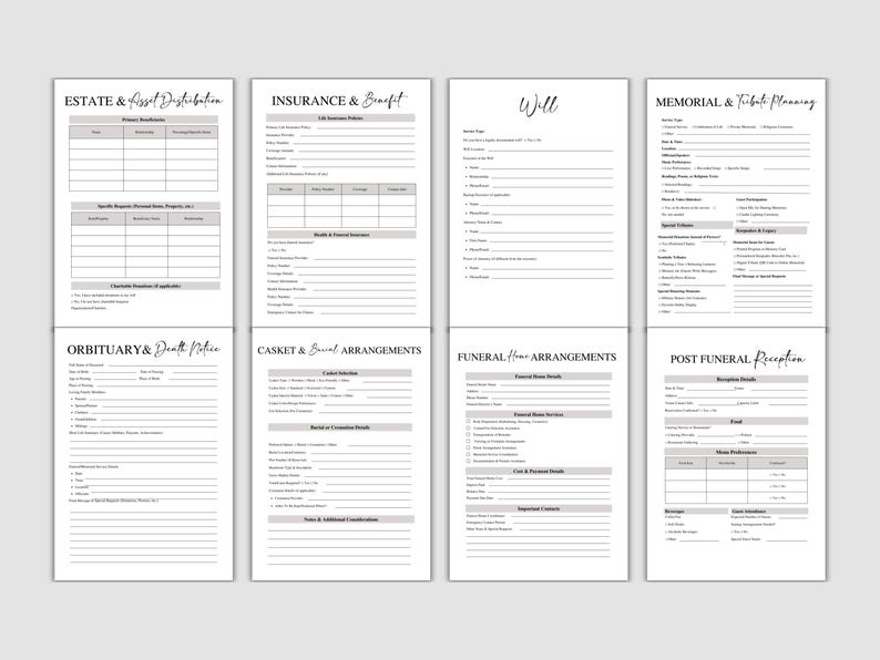 May include: A set of eight printable planning forms for estate and asset distribution, insurance and benefits, wills, memorial and tribute planning, obituary and death notice, casket and burial arrangements, funeral home arrangements, and post-funeral reception.