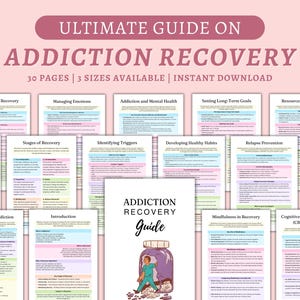 Puede incluir: Una guía de 30 páginas sobre la recuperación de la adicción que abarca temas como el autocuidado, la gestión de las emociones, la adicción y la salud mental, el establecimiento de objetivos a largo plazo, los recursos y el apoyo, el afrontamiento de los antojos, las etapas de la recuperación, la identificación de los desencadenantes, el desarrollo de hábitos saludables, la prevención de recaídas, la atención plena en la recuperación y las técnicas de terapia conductual cognitiva. La guía está ilustrada con una caricatura de una persona que escapa de un frasco.