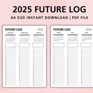 2025 Future Log Printable, A4 PDF Monthly Planner, Minimalist Bullet Journal Insert, Year at a Glance Calendar, Instant Download