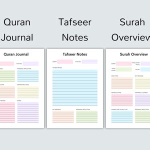 May include: Printable Quran journal, tafseer notes, and surah overview pages. Each page has a light blue, pink, green, or yellow background with black lines for writing.