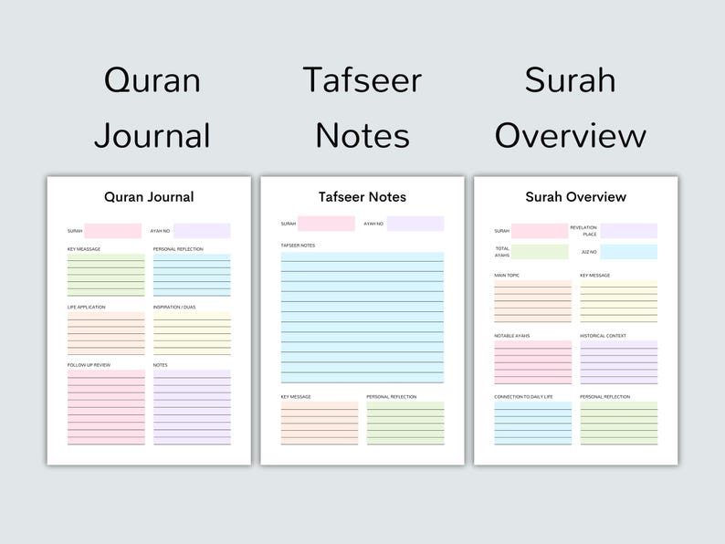 May include: Printable Quran journal, tafseer notes, and surah overview pages. Each page has a light blue, pink, green, or yellow background with black lines for writing.