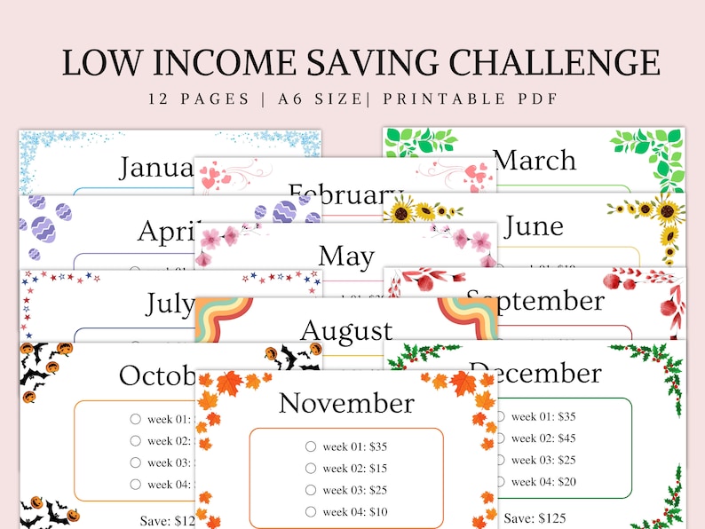 A6 Low Income Savings Challenge Bundle, Monthly Savings Challenge Bundle, Money Challenge, Savings Tracker Printable, Instant Download image 2