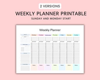 Weekly Hourly Planner Printable, Weekly Schedule, Week At a Glance, Weekly Organizer, Weekly & Daily To Do List Printable Planner