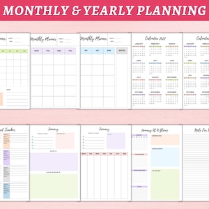 May include: A set of printable planner pages with a pink background. The pages include monthly calendars, yearly calendars, password trackers, and note pages. The pages are designed with a simple and modern aesthetic.