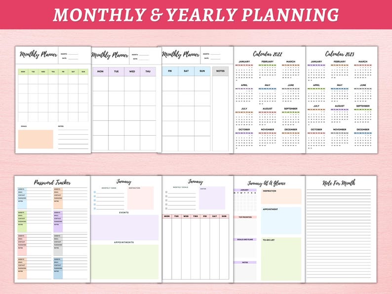 May include: A set of printable planner pages with a pink background. The pages include monthly calendars, yearly calendars, password trackers, and note pages. The pages are designed with a simple and modern aesthetic.