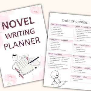 May include: A novel writing planner with the title "NOVEL WRITING PLANNER" in dark purple letters. The planner includes a table of contents with phases for project foundation, character development, world-building, plot structure, chapters, writing progress, research, and revision.