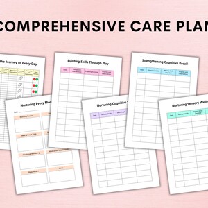 Op de afbeelding: Een set printbare zorgplan sjablonen voor het bijhouden van dagelijkse routines, het ontwikkelen van vaardigheden door middel van spel, het versterken van cognitieve herinnering, het bevorderen van cognitieve functie en het bevorderen van sensorisch welzijn. De sjablonen hebben een rasterformaat met kolommen voor datum, activiteit en observaties.