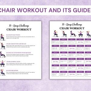May include: A guide for a 30-day chair workout challenge. The guide includes illustrations of exercises such as seated punch twists, chair march with arm reach, and seated leg extensions. The text "Chair Workout and Its Guide" is at the top.