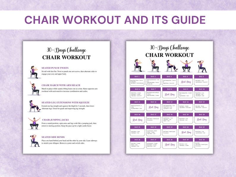 May include: A guide for a 30-day chair workout challenge. The guide includes illustrations of exercises such as seated punch twists, chair march with arm reach, and seated leg extensions. The text "Chair Workout and Its Guide" is at the top.