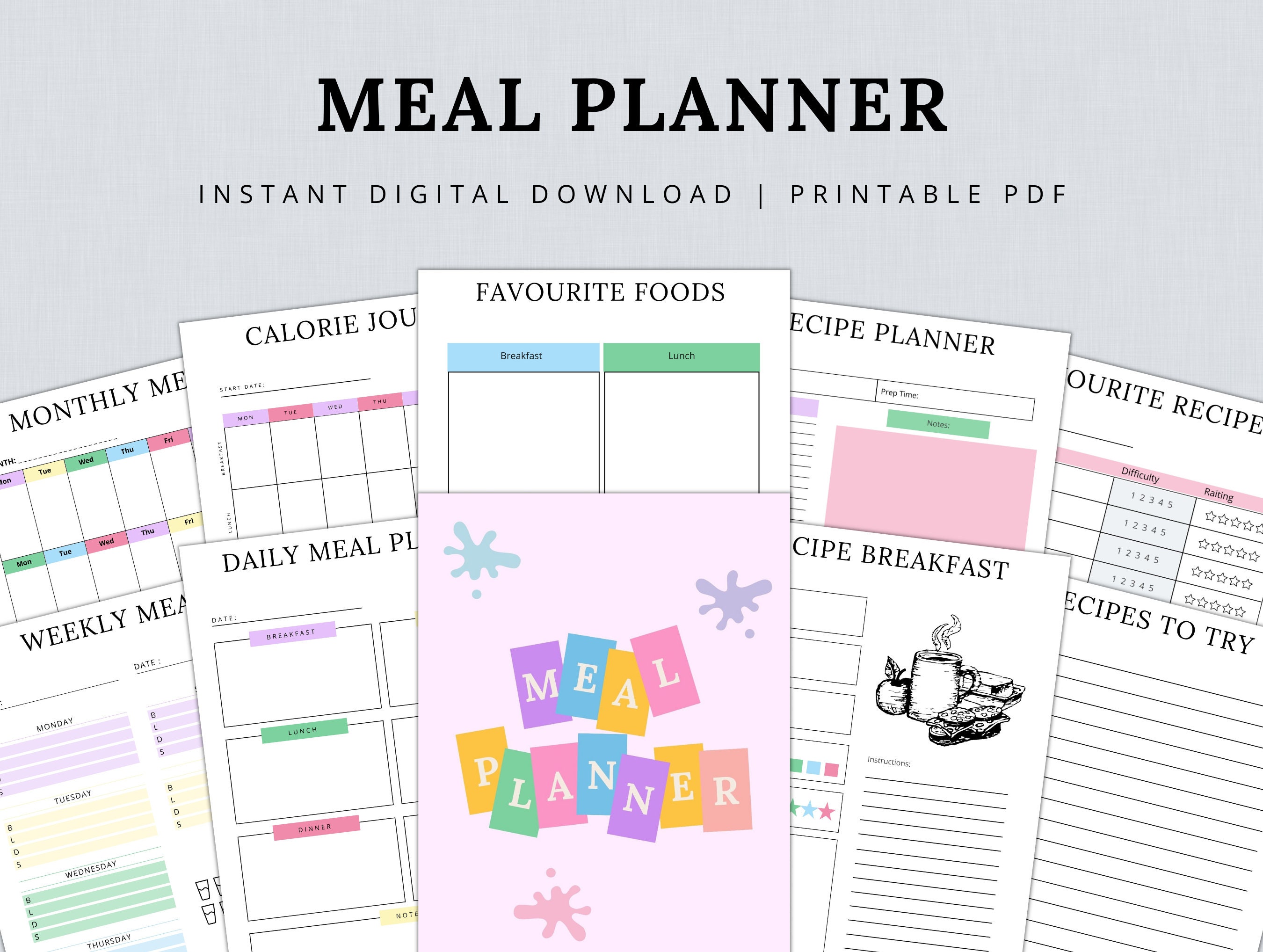 Meal Planner Bundle Printable, Weekly Food Diary Bundle, Daily Food ...