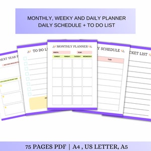 May include: A set of printable planner pages with a purple and yellow color scheme. The pages include sections for monthly, weekly, and daily planning, as well as a to-do list and a bucket list. The text on the pages reads "Monthly, Weekly and Daily Planner, Daily Schedule + To Do List, To Do List, Next Year Plan, Monthly Planner, Year, Sunday, Monday, Tuesday, Wednesday, Y Schedule, Task, Bucket List".