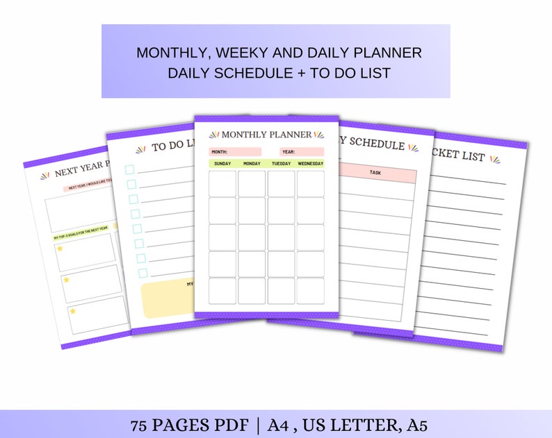 May include: A set of printable planner pages with a purple and yellow color scheme. The pages include sections for monthly, weekly, and daily planning, as well as a to-do list and a bucket list. The text on the pages reads "Monthly, Weekly and Daily Planner, Daily Schedule + To Do List, To Do List, Next Year Plan, Monthly Planner, Year, Sunday, Monday, Tuesday, Wednesday, Y Schedule, Task, Bucket List".