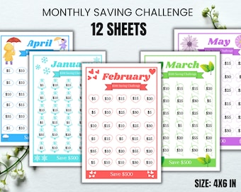 12 Monthly Savings Challenge Bundle, Money Challenge, A6 Mini Savings Challenge Bundle, Savings Tracker Printable, Instant Download