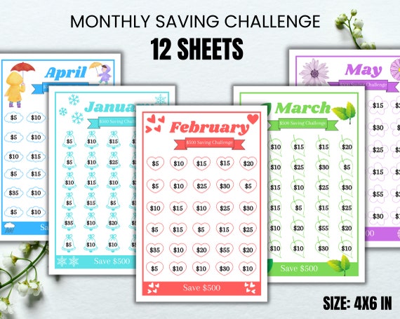 12 Monthly Savings Challenge Bundle, Money Challenge, A6 Mini Savings Challenge Bundle, Savings Tracker Printable, Instant Download