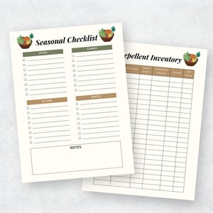 May include: A printable checklist for seasonal gardening tasks, with sections for spring, summer, autumn, and winter. A separate printable inventory sheet for pest repellent supplies, with columns for product name, plant to apply to, ingredients, conditions, and best before date.