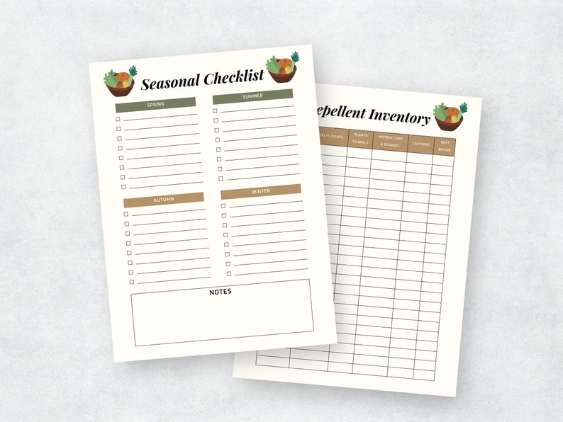 May include: A printable checklist for seasonal gardening tasks, with sections for spring, summer, autumn, and winter. A separate printable inventory sheet for pest repellent supplies, with columns for product name, plant to apply to, ingredients, conditions, and best before date.