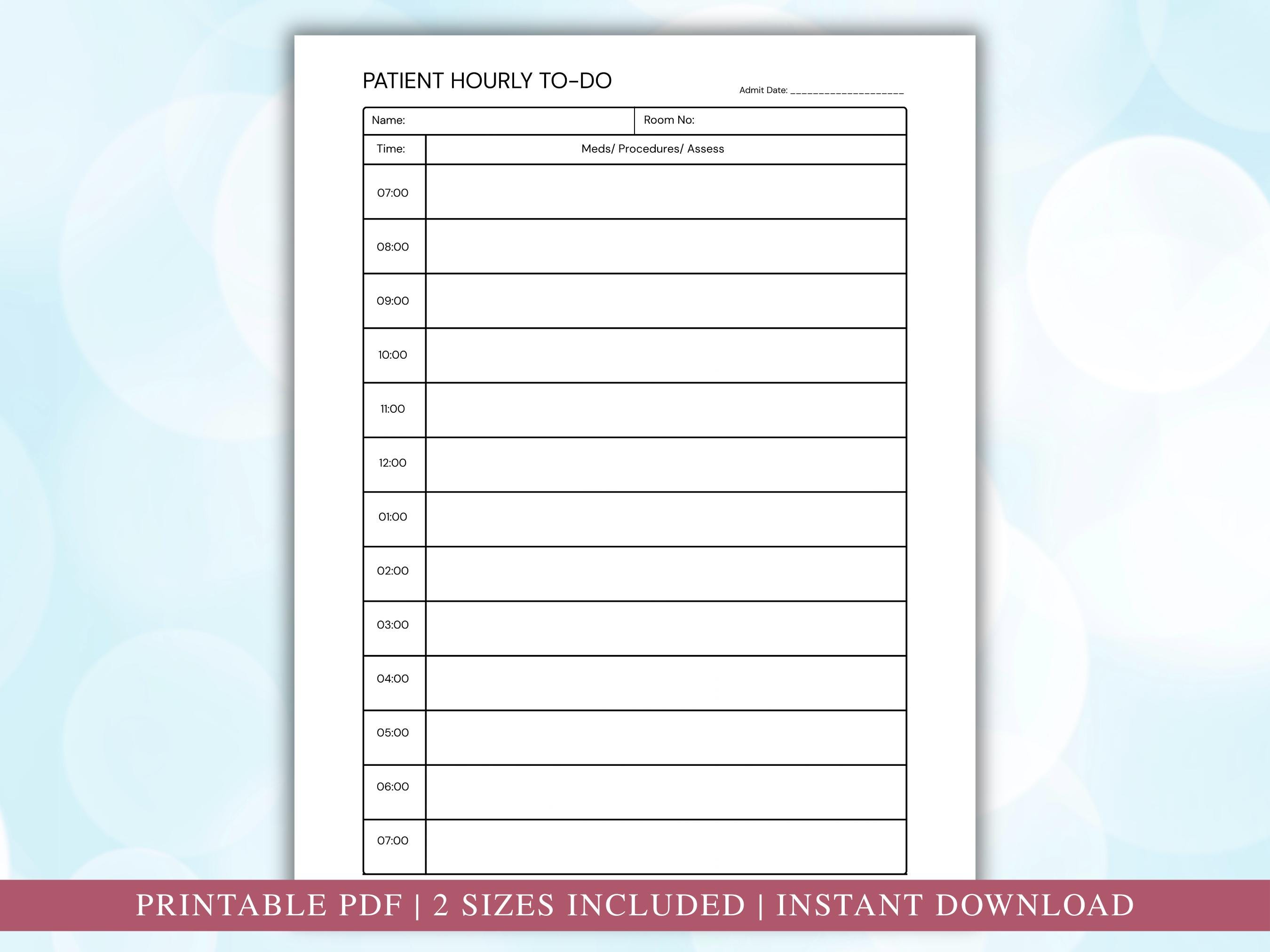 Patient Hourly to Do Printable Nursing Sheet, Nurse Report Sheet ...
