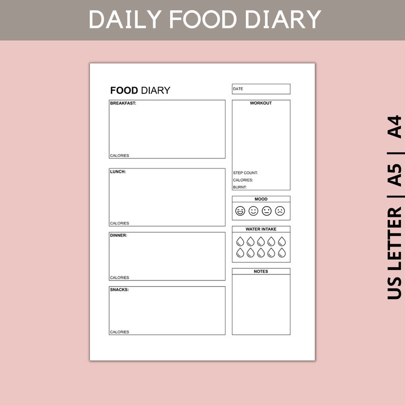 Pode incluir: Uma p&aacute;gina de di&aacute;rio alimentar di&aacute;rio branca com texto e linhas pretas. Inclui se&ccedil;&otilde;es para caf&eacute; da manh&atilde;, almo&ccedil;o, jantar, lanches, treino, passos, calorias, humor com quatro rostos, ingest&atilde;o de &aacute;gua com dez &iacute;cones de gotas e notas. Texto A4, A5.