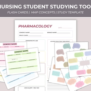 May include: A collection of study tools for nursing students. The image shows flashcards, concept maps, and study templates. The flashcards are labeled with "Generic Name" and other medical terms. The color palette includes pink, green, and yellow.