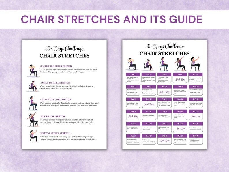 May include: A guide for chair stretches, featuring two white pages with purple accents. One page details exercises like the seated shoulder opener and ankle-to-knee stretch. The other page is a 30-day challenge chart with daily exercises.