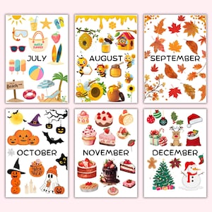 May include: A set of 12 printable monthly calendar cards featuring colorful illustrations for each month. The cards include images of summer beach items, bees, autumn leaves, pumpkins, desserts, and winter holiday decorations. Each card has the month's name printed in black text.