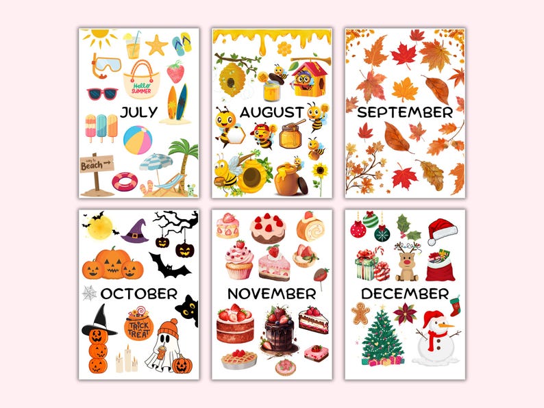 May include: A set of 12 printable monthly calendar cards featuring colorful illustrations for each month. The cards include images of summer beach items, bees, autumn leaves, pumpkins, desserts, and winter holiday decorations. Each card has the month's name printed in black text.