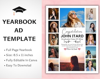 Anuario de anuncios de graduación de página completa, plantilla de anuario personalizado, collage de fotos de graduación editable, anuario de la escuela secundaria, anuncio tributo a graduados