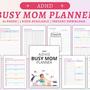 Pu&ograve; includere: Un planner stampabile progettato per mamme impegnate con ADHD. Il planner include sezioni per la dieta quotidiana, il registro di allenamento, i risparmi, le pulizie, l'auto-cura, la lista dei contatti, gli appunti, il programma giornaliero e gli obiettivi mensili. La copertina presenta un'illustrazione di cartoni animati di una mamma che fa juggling con pi&ugrave; compiti.