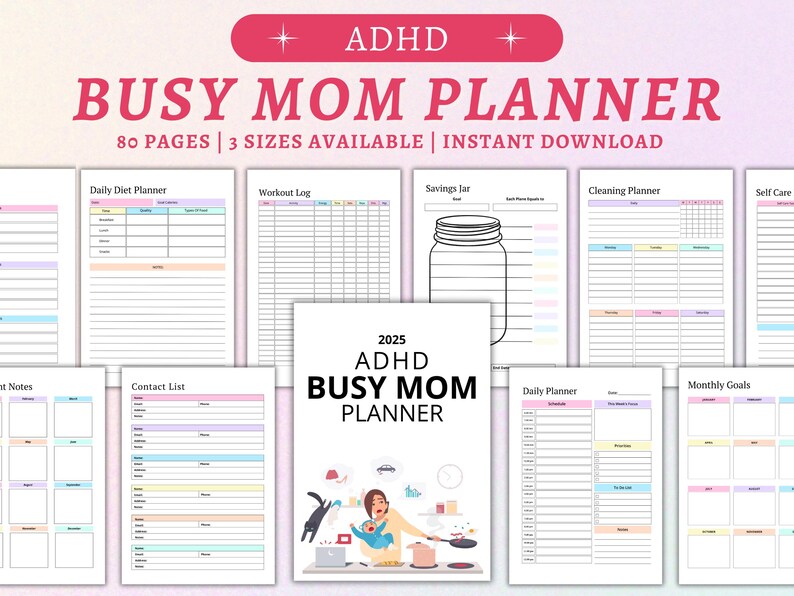 Pu&ograve; includere: Un planner stampabile progettato per mamme impegnate con ADHD. Il planner include sezioni per la dieta quotidiana, il registro di allenamento, i risparmi, le pulizie, l'auto-cura, la lista dei contatti, gli appunti, il programma giornaliero e gli obiettivi mensili. La copertina presenta un'illustrazione di cartoni animati di una mamma che fa juggling con pi&ugrave; compiti.
