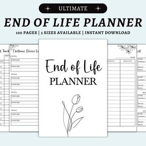Puede incluir: Un planificador de fin de vida blanco con un dise&ntilde;o floral. El planificador incluye secciones para el seguimiento de deudas, registros de dispositivos electr&oacute;nicos e informaci&oacute;n personal. El texto "End of Life Planner" se muestra de forma destacada.