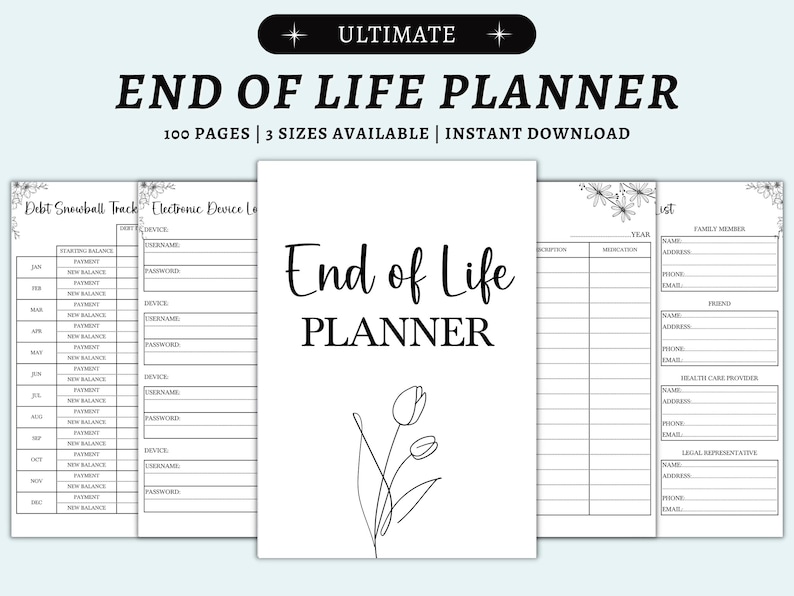 Puede incluir: Un planificador de fin de vida blanco con un dise&ntilde;o floral. El planificador incluye secciones para el seguimiento de deudas, registros de dispositivos electr&oacute;nicos e informaci&oacute;n personal. El texto "End of Life Planner" se muestra de forma destacada.