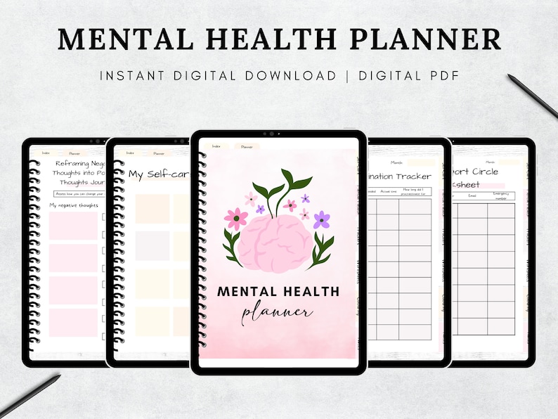 May include: A digital mental health planner displayed on several tablets. The cover features a pink brain graphic with flowers and the words "MENTAL HEALTH planner." Other pages include sections for journaling and tracking habits. The text "INSTANT DIGITAL DOWNLOAD | DIGITAL PDF" is also visible.