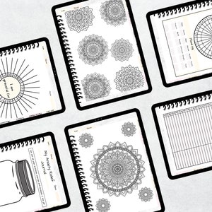 May include: A collection of digital journal pages with various designs. One page features a sunburst chart with the text "I am grateful for." Other pages include mandala patterns, mood trackers, and an anxiety relief journal.