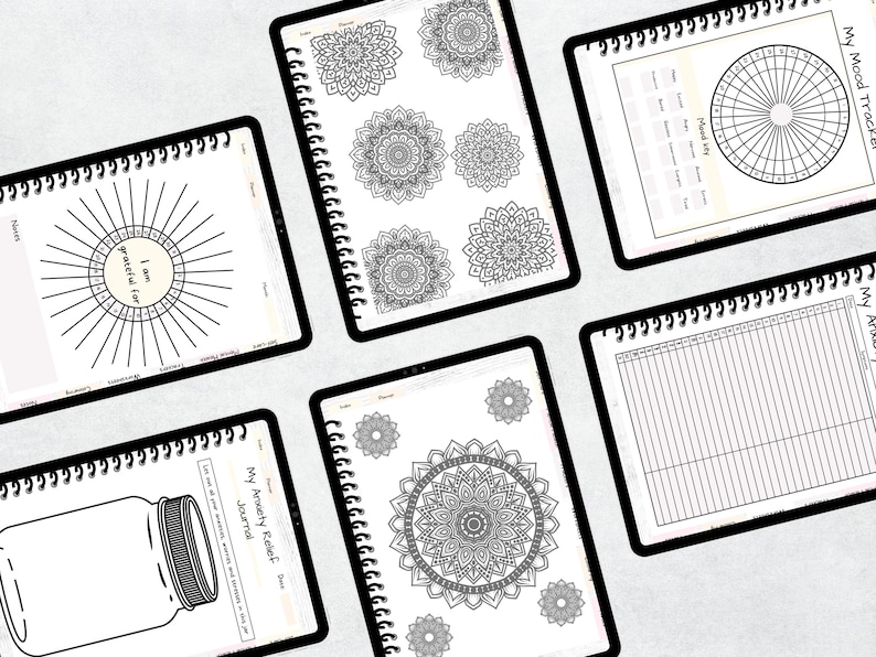 May include: A collection of digital journal pages with various designs. One page features a sunburst chart with the text "I am grateful for." Other pages include mandala patterns, mood trackers, and an anxiety relief journal.