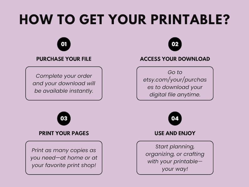 May include: A lilac-colored graphic with the text "HOW TO GET YOUR PRINTABLE?" and numbered steps. The steps explain how to purchase, download, print, and use a printable file. Each step is in a box with a brief description.