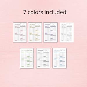 May include: Seven printable weekly budget planner pages in different colors: pink, yellow, purple, blue, green, light green, and light blue. Each page has a title "Weekly Budget" and includes columns for income, expenses, and totals.