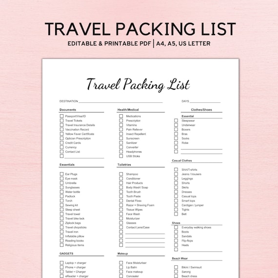 Editable Travel Packing List, Travel Checklist Printable, Travel Planner, Travel Organizer, Travel Vacation Planner, Packing List for Women