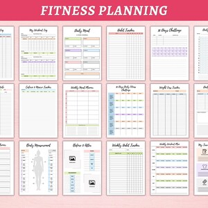 May include: A set of printable fitness planning worksheets with colorful borders. The worksheets include sections for tracking workouts, meals, weight, and habits.