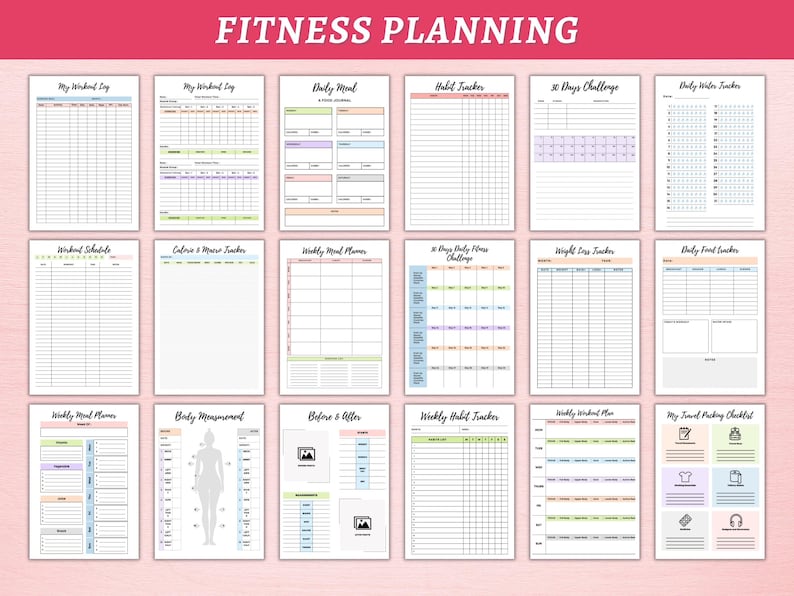 May include: A set of printable fitness planning worksheets with colorful borders. The worksheets include sections for tracking workouts, meals, weight, and habits.