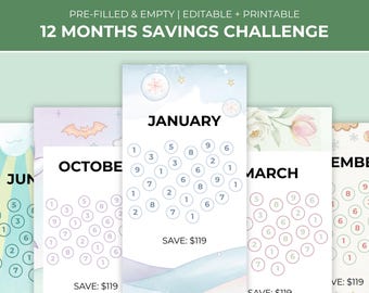 12 Months Savings Challenge Printable | Editable Money Saving Challenge | Monthly Savings Tracker | Budget Challenge PDF | Instant Download