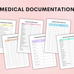 Op de afbeelding: Een set printbare medische documentatieformulieren, waaronder een checklist voor ziekenhuisvoorbereiding, een persoonlijk gezondheidsdossier, een symptoomvolgdagboek, een maandelijks medicijnlogboek, een logboek voor ziekenhuisopname en spoedbezoek en apotheekinformatie.
