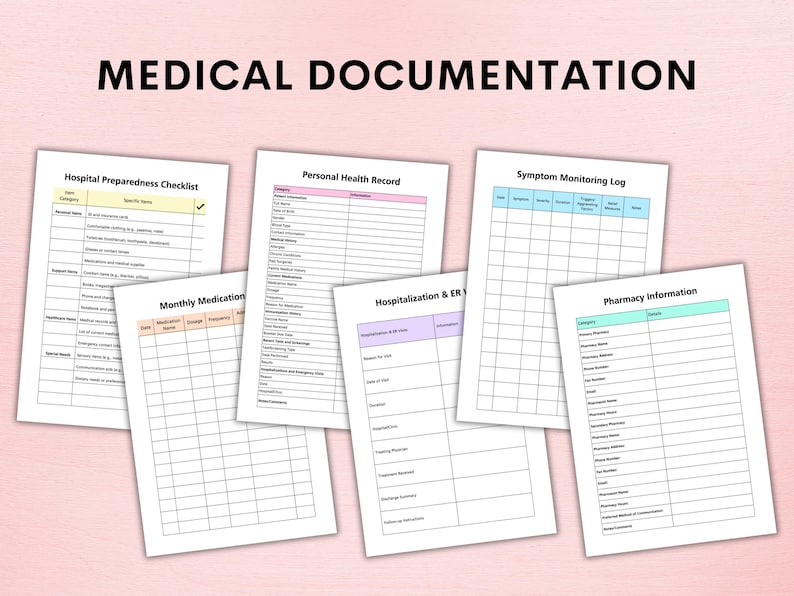 Op de afbeelding: Een set printbare medische documentatieformulieren, waaronder een checklist voor ziekenhuisvoorbereiding, een persoonlijk gezondheidsdossier, een symptoomvolgdagboek, een maandelijks medicijnlogboek, een logboek voor ziekenhuisopname en spoedbezoek en apotheekinformatie.