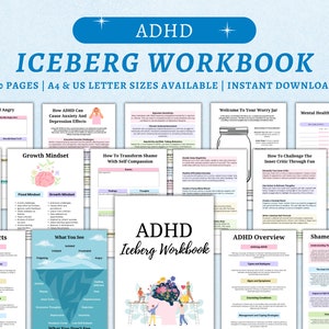 Op de afbeelding: Een digitaal werkboek voor mensen met ADHD. De omslag toont een ijsberg met een persoon bovenop en een persoon onderaan. De titel "ADHD Iceberg Workbook" staat in grote, vetgedrukte letters. Het werkboek bevat 30 pagina's en is beschikbaar in A4- en US-letterformaat.