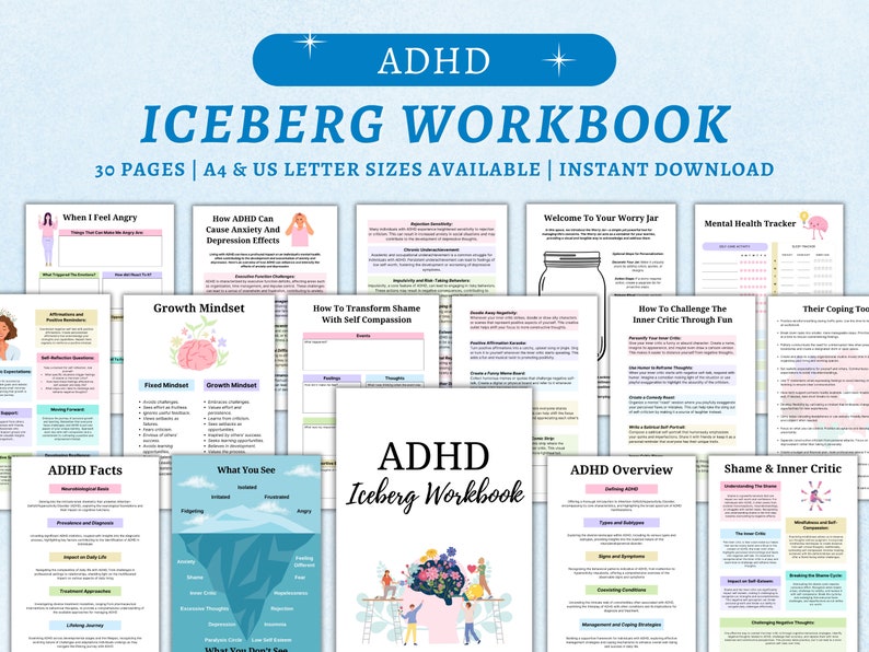 Puede incluir: Un libro de trabajo digital para personas con TDAH. La portada presenta un iceberg con una persona en la cima y otra en la parte inferior. El t&iacute;tulo "ADHD Iceberg Workbook" est&aacute; en letras grandes y en negrita. El libro de trabajo incluye 30 p&aacute;ginas y est&aacute; disponible en tama&ntilde;os A4 y carta de EE. UU.