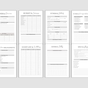 May include: A set of eight printable funeral planning templates. Each page features a different section, including an overview, budget, details, checklist, arrangements, guest list, general notes, and special requests. The pages are in black and white.