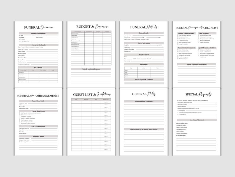 May include: A set of eight printable funeral planning templates. Each page features a different section, including an overview, budget, details, checklist, arrangements, guest list, general notes, and special requests. The pages are in black and white.